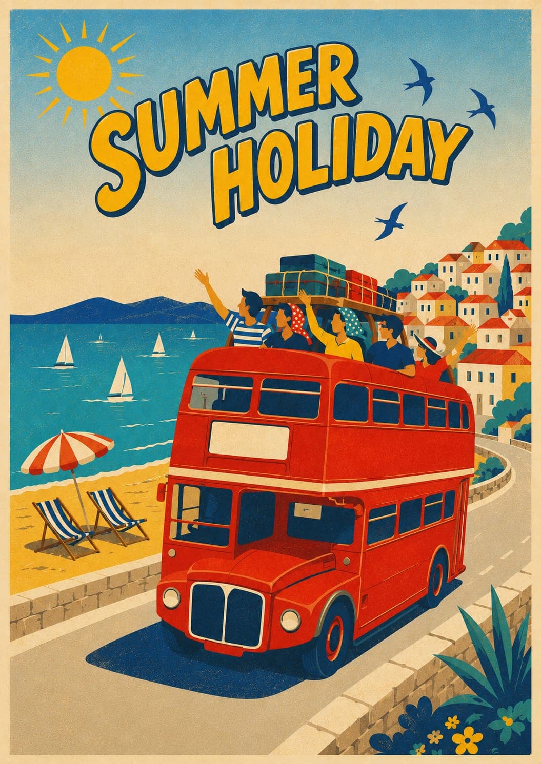 Summer Holiday poster: a red double-decker bus on a sunny Mediterranean coast road, vintage travel-poster illustration. Settle Amateur Operatic Society, 21-24 October 2026.